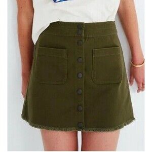 Madewell NWT Womens Mini Skirt Size 00 Military Green Snap Front Raw Hem A Line